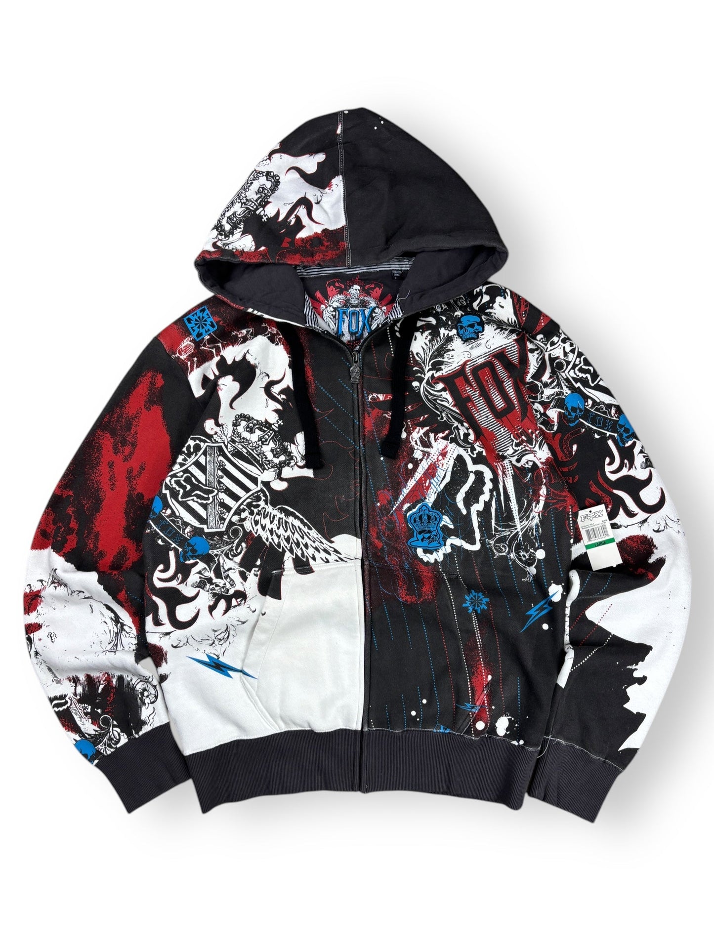 Deadstock 2000s Fox zipped allover print hoodie - L